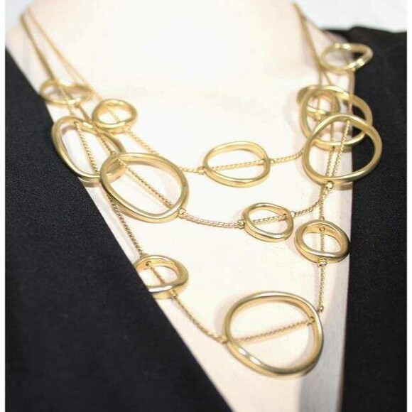 New Chico's Gold Tone Oval Circle Link Layered 3 Strand Modernist 21" Necklace - Picture 4 of 5